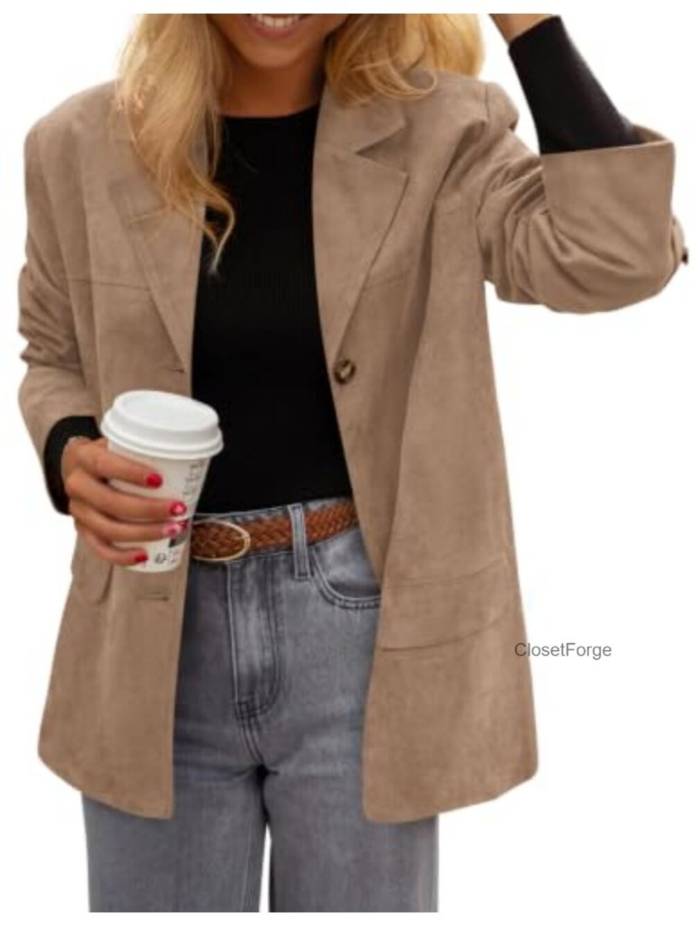 Faux Suede Blazer Women Lapel Collar Button Down Long Sleeve Business Casual